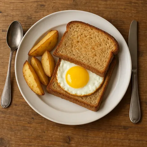 Simple Dish Sits on a White Porcelain Plate—an Egg Sandwich