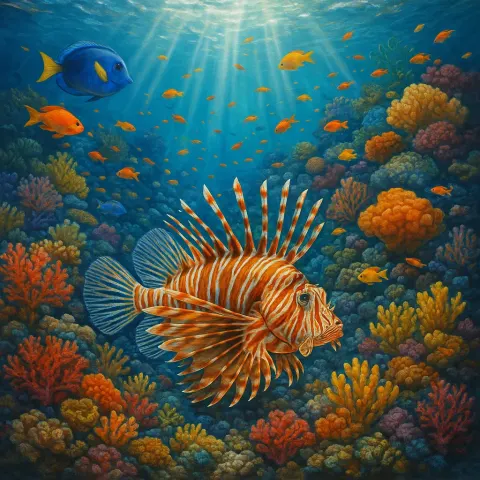 Evocative Painting Portraying a Coral Reef Beneath the Ocean