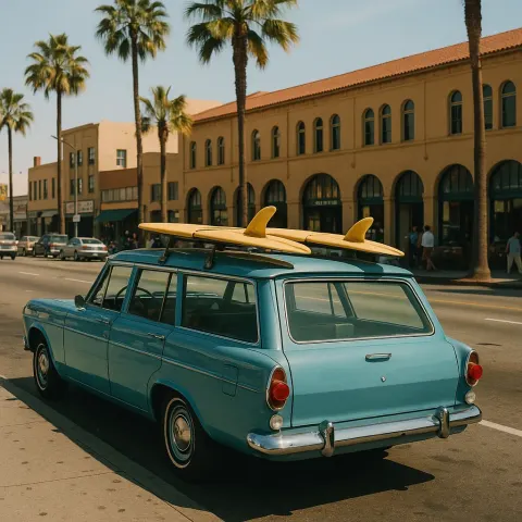 Vintage Blue Station Wagon with Surfboards on Top Is Parked