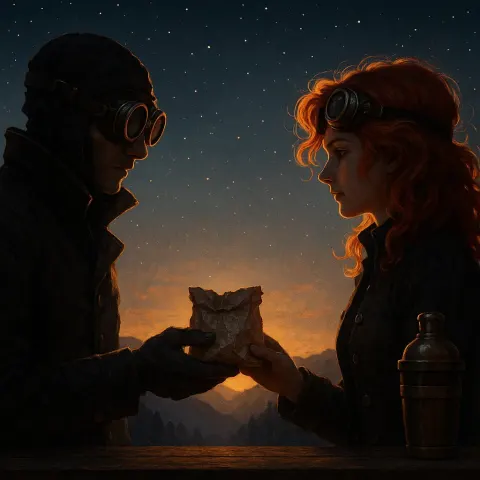 Steampunk-goggled Figure Passes a Crinkly Paper Packet to a Vibrant-haired
