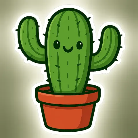 Green Cartoon Cactus with Three Arms in a Red Pot