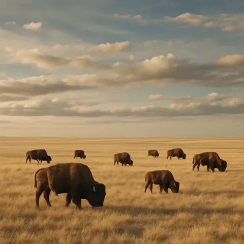 Handful of Distant Bison Graze Peacefully on an Expansive