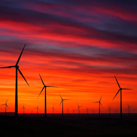 Myriad Distant Wind Turbines Stand Silhouetted Against a Vibrant