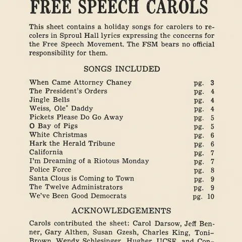 Printed Page Titled "FSM's Free Speech Carols" Containing Text About