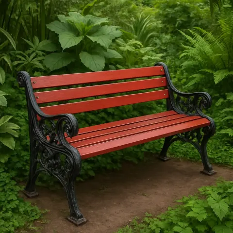 Red Wooden Bench with Ornate Black Metal Sides Surrounded