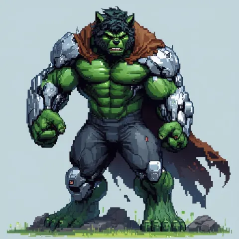 Pixel Hulk Werewolf Cyborg in Tattered Cape