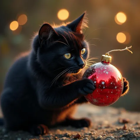 Ethereal Black Cat Batting a Stardust Ornament