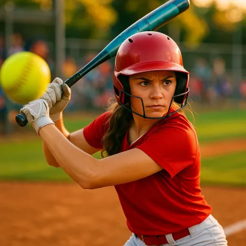 Determined-looking Girl Getting Ready to Swing at a Softball