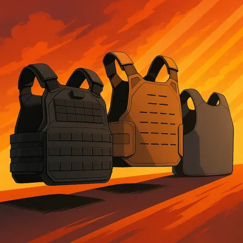 Three Distinct Bulletproof Vests—a Matte Black Overt Tactical Model Dense