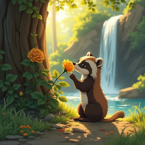 Young Badger Sniffs a Yellow Rose by Waterfall