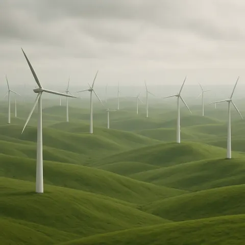 Countless Wind Turbines Slowly Turn in Unison