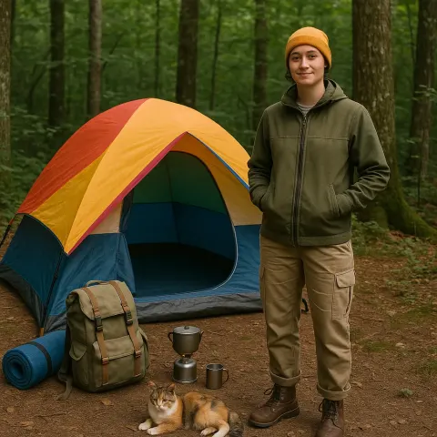 Person Standing near a Colorful Tent in a Wooded Campsite