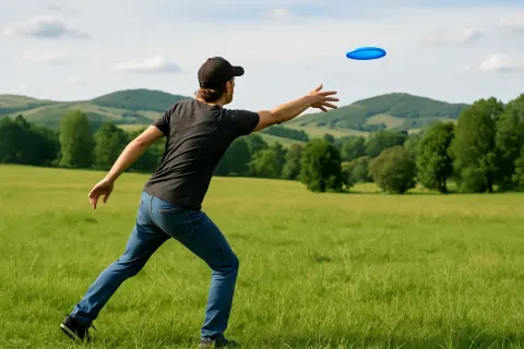 Person Standing in a Grassy Field Throws a Blue Frisbee