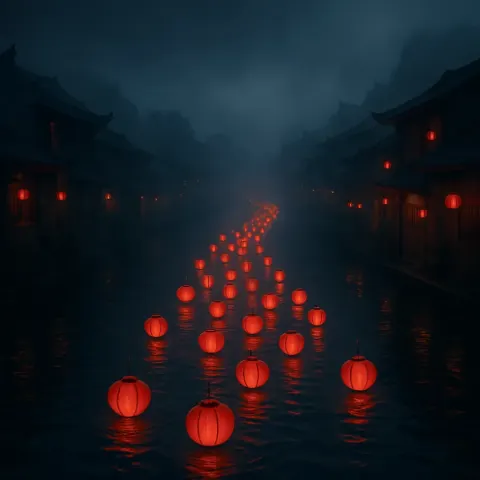 Procession of Many Traditional Red Lanterns Floats Gently