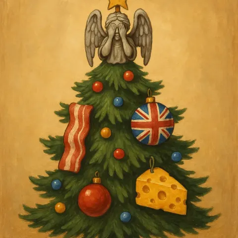 Quirky Christmas Tree Adorned with Eclectic Ornaments Including a Bacon