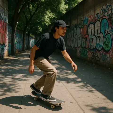 Person Skateboarding in a Shaded Urban Area with Graffiti-covered Walls