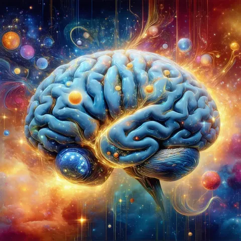 Fantastical Brain Entwined With Glowing Celestial Bodies