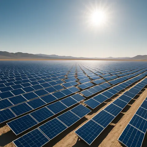 Countless Gleaming Solar Panels Stretch in Orderly Rows