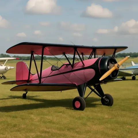 Small Pink and Black Vintage Biplane Parked on a Grassy