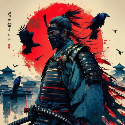 Masked Samurai With Ravens Under a Red Sun