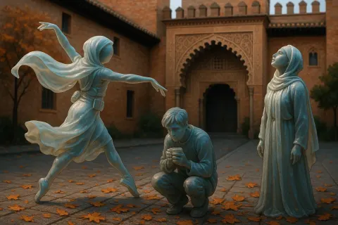 Veiled Astronaut's Expressive Dance Flows Past a Cowering Young Adult