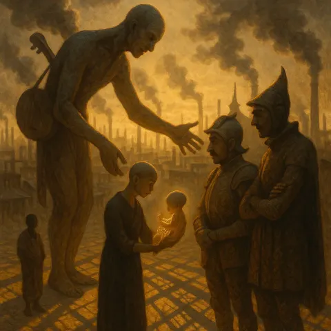 Amidst Gritty Factories with Billowing Smokestacks Against a Grey Sky