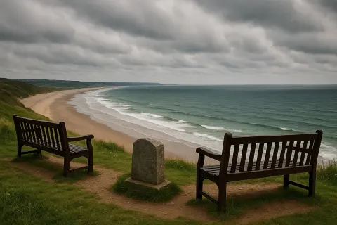 Scenic Coastal View with Two Benches and a Memorial Stone