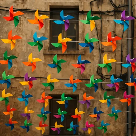 Colorful Pinwheels Hanging on Wires in Front