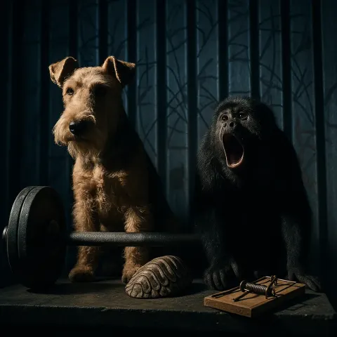Lakeland Terrier and Howler Monkey Accompany a Barbell