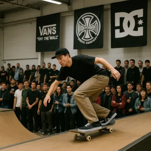 Man Skateboarding on a Ramp Indoors with a Crowd