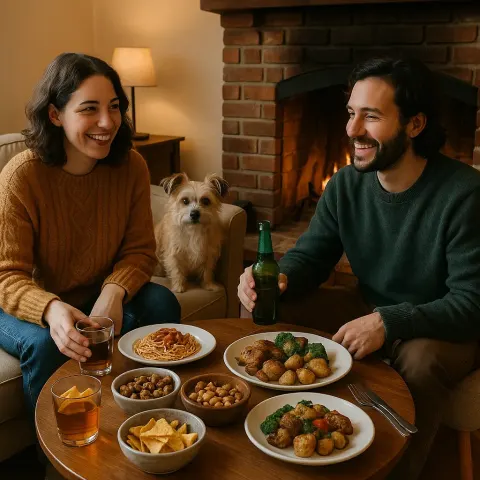 Two People Sitting near a Table with Plates of Food