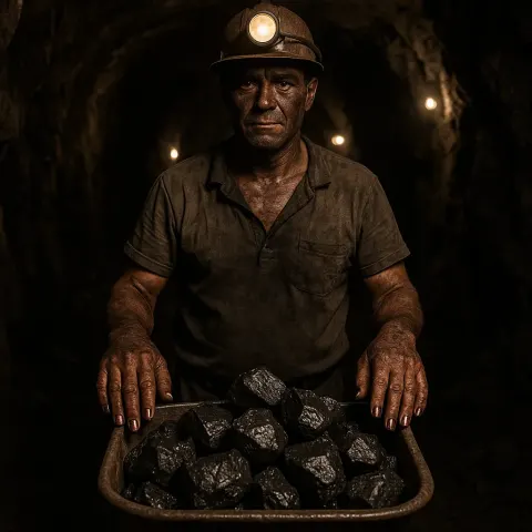 Coal Miner Stands in a Dimly Lit Tunnel