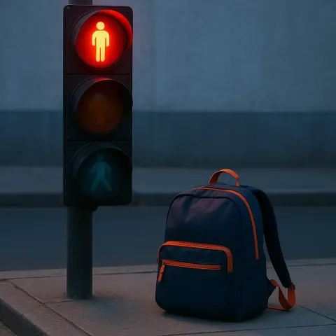 Glowing Traffic Light with a Schoolbag