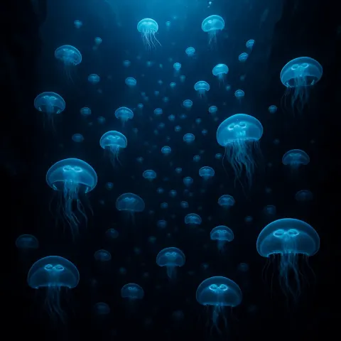 Vast Swarm of Bioluminescent Jellyfish Drifts Silently Through the Inky