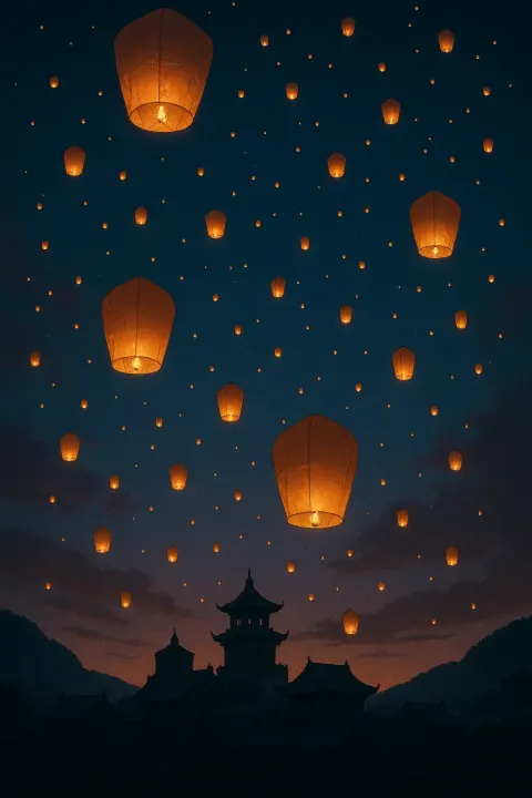 Multitude of Glowing Paper Lanterns Drifts Slowly Upwards