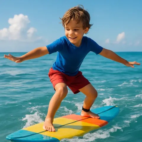 Cheerful Child Standing on a Vividly Hued Surfboard