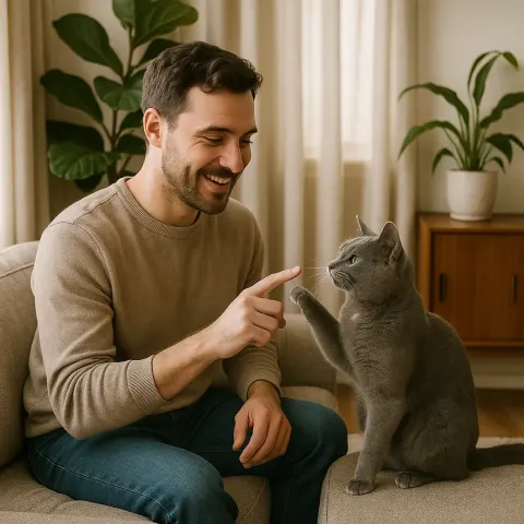 Person Sitting on a Couch Interacts with a Gray Cat