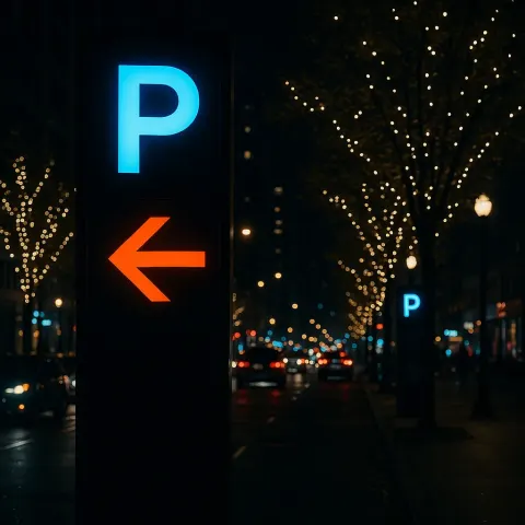 Nighttime Urban Scene Featuring Illuminated Parking Signage