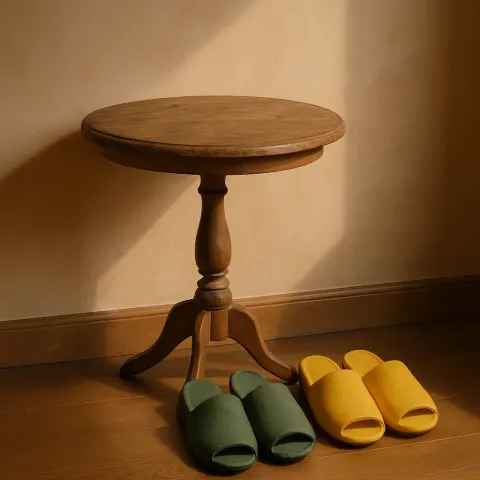 Circular Wooden Side Table with a Subtly Weathered Surface Radiates