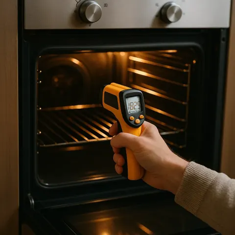 Person Checks the Temperature Inside an Open Oven Using