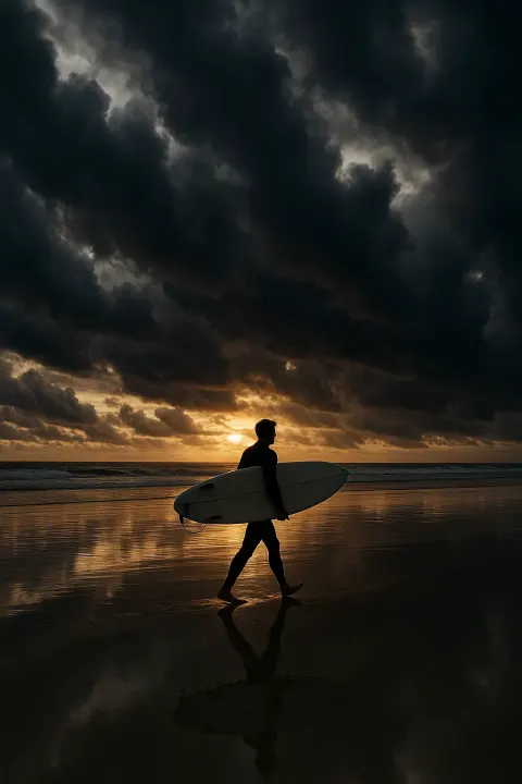 Lone Surfer Carrying a Surfboard Walks Across a Reflective Wet