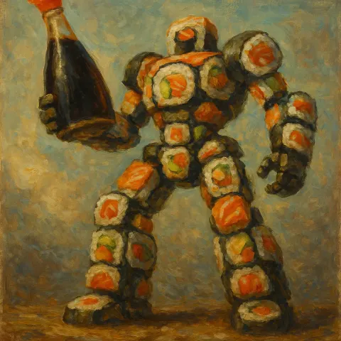 Oil Painting Depicting a Gigantic Robot Made Entirely of Various