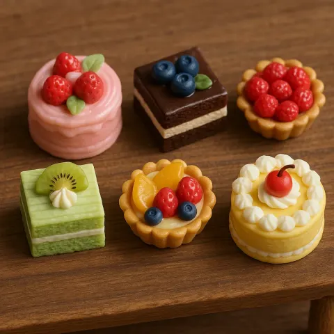 Wooden Table Displays Six Miniature Colorful Desserts