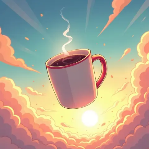 Coffee Mug Floating Through a Manga Sky