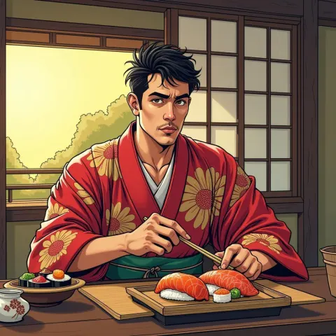 Sushi Feast in a Serene Manga Cottage