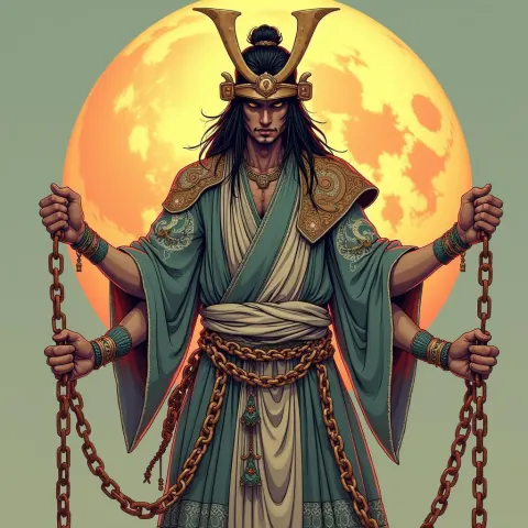Four Armed Samurai Vagabond Beneath a Luminous Moon
