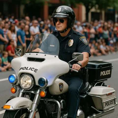Police Officer Rides a Motorcycle in a Parade