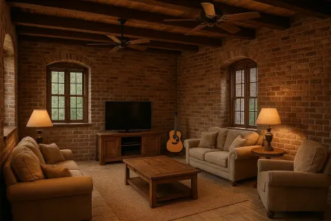 Rustic Living Room with Exposed Brick Walls