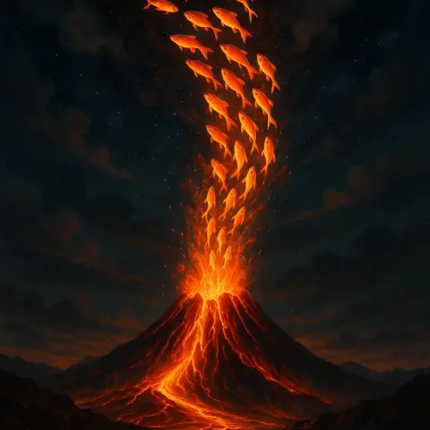 Eruption from a Volcano Releasing a Flow of Radiant Fish