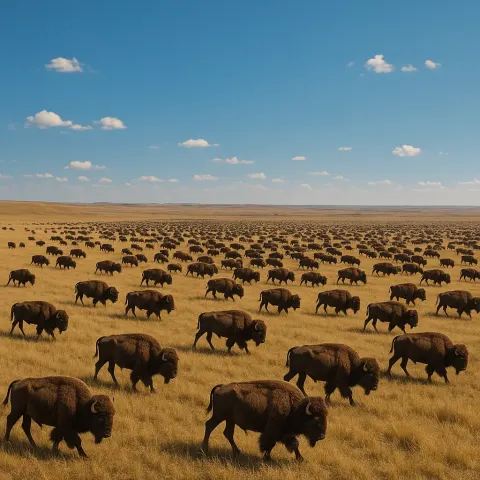 Vast Herd of Distant Bison Moves Slowly Across an Expansive